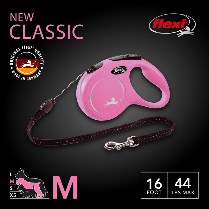 Flexi New Classic Retractable Dog Leash (Cord), 16 ft, Medium, Pink Medium - 16 ft - PawsPlanet Australia