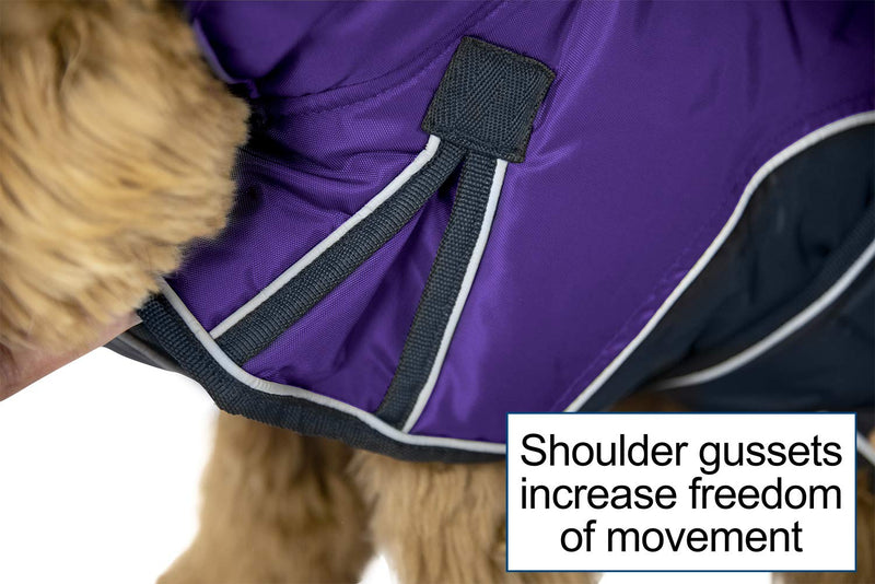 Derby Originals Urban Pet 420D Water Resistant Reflective Winter Dog Parka with Neck Cover & Harness Compatible Opening 220g Heavy Weight Medium Purple/Charcoal