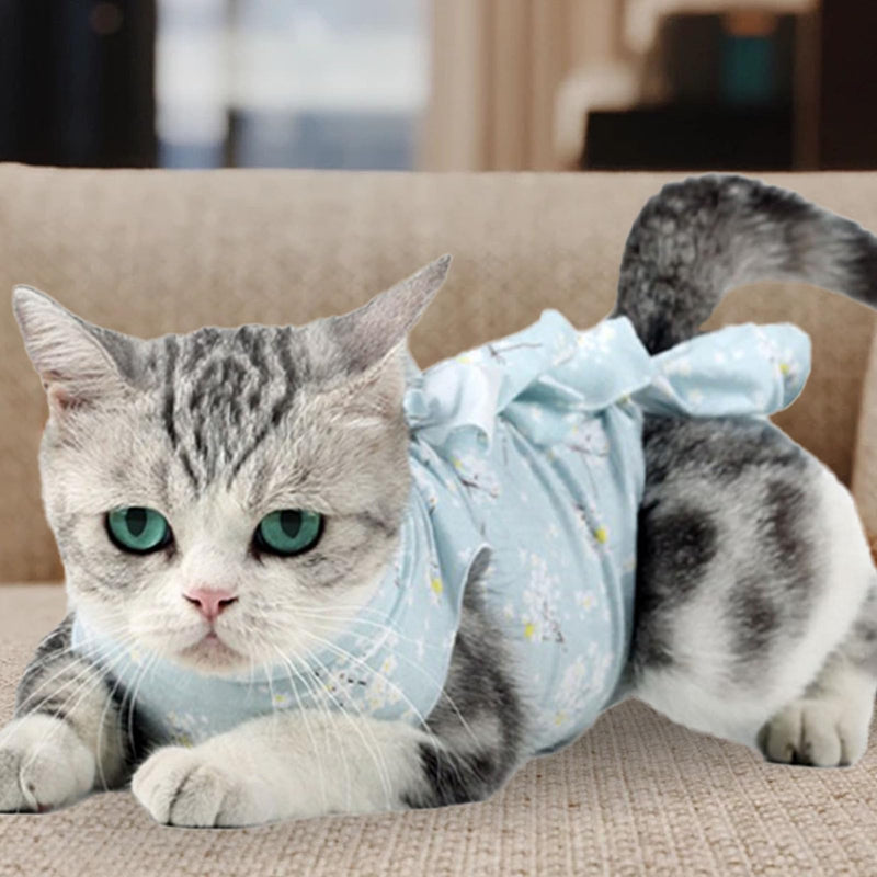 Qcwwy Surgical Recovery Suit for Cats with Adjustable Straps, Breathable Fabric, Cute Strap Design for Weaning, Postoperative Recovery Clothes for Cats (S) Blue Flower S