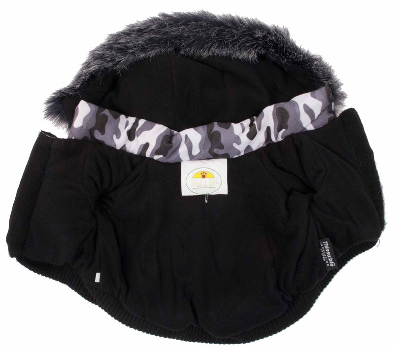 PET LIFE Classic Metallic Fashion Pet Dog Coat Jacket Parka w/ 3M Insulation and Removable Hood, Large, Deer Pattern Camo Grey - PawsPlanet Australia
