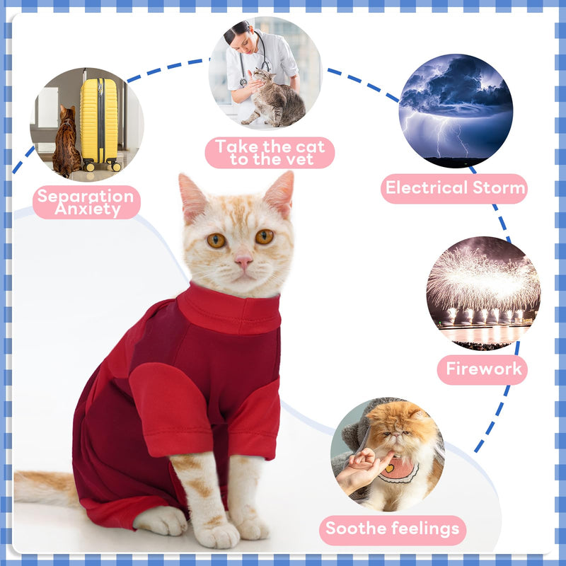 Adjustable Calming Suit Cat Clothes with Zipper, Anxiety Jacket Vest, Cat Apparel for Fireworks, Separation, Thunderstorms, Loud Noises, Comfortable Wrap Reduce Anxiety, Red X-Large X-Large(Back Length 14.17'') - PawsPlanet Australia