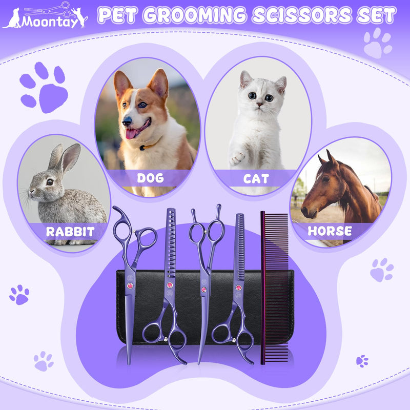 Moontay Dog Grooming Scissors Set Professional, 7 Inch Pet Grooming Scissors, 8 in 1 Straight, Curved, Thinning, Fishbone Scissors with Comb, Tension Adjuster, Cleaning Cloth and Storage Case, Purple