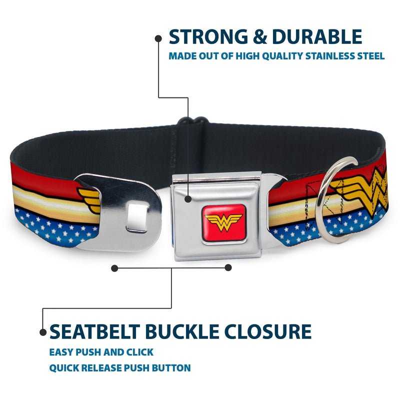 Buckle Down DC-WWW040-WS Seatbelt Dog Collar, Wide Small, Wonder Woman Logo Stripe/Stars Red/Gold/Blue/White (repeat WW logo) 1.5" Wide - Fits 13-18" Neck - Small Wonder Woman Logo Stripe/Stars Red/Gold/Blue/White (repeat WW logo) - PawsPlanet Australia