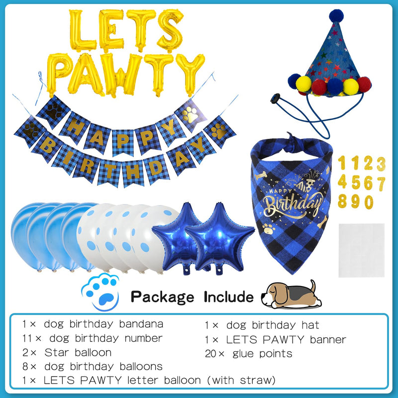 Dog Birthday Decorations Boy, Dog Birthday Bandana Blue Dog Birthday Hat with Numbers, Dog Birthday Banner HAPPY BIRTHDAY and LETS PAWTY Balloons for Dogs Birthday Party Supplies for Cat Dog Birthday Boy Outfit - PawsPlanet Australia