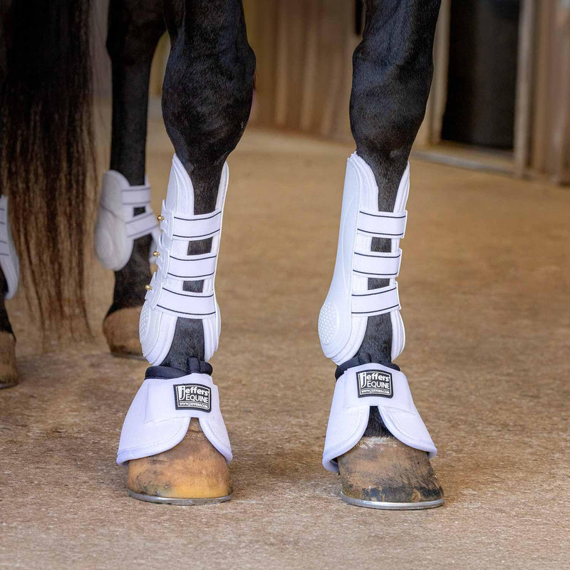 Jeffers Uniquely English Open Front Tendon Boots for Horses, Pair – Ventilated Neoprene Horse Leg Protection for Tendons & High Impact Support, Jumping & Competition Riding Boots for Horses White Large