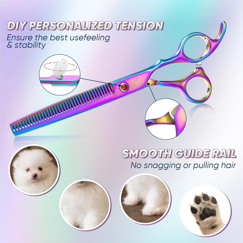 7" Curved Dog Grooming Scissors with Safe Round Tip, Rainbow Pet Fur Scissors, Japanese Stainless Steel 440C, Sharp and Sturdy Grooming Shears for Novice and Professional Groomers Curved scissors