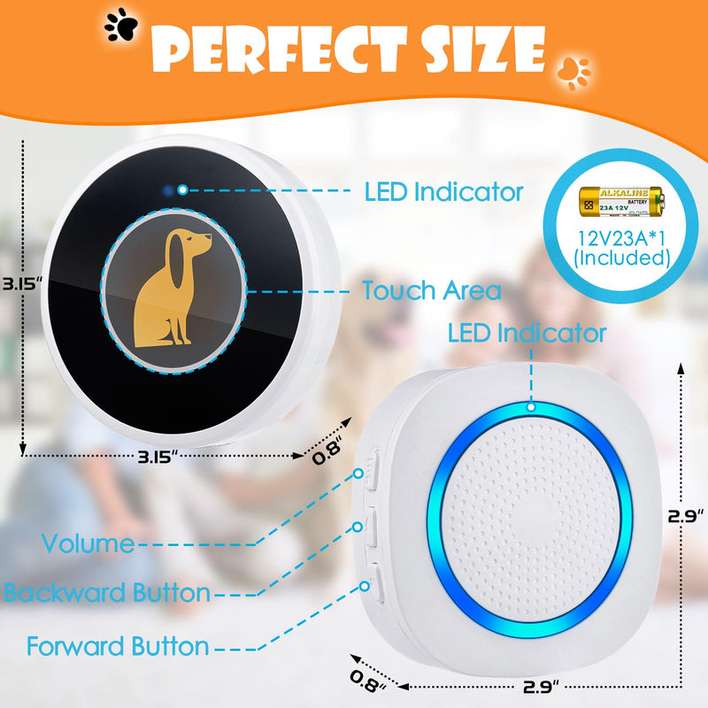 Smart Dog Door Bell Wireless Puppy DoorBell for Potty Training, Dog Bells to go Outside, IP55 Waterproof Bells for Dogs to Ring to go Potty (1 Receiver+2 Button) 2 Buttons + 1 Receiver - PawsPlanet Australia