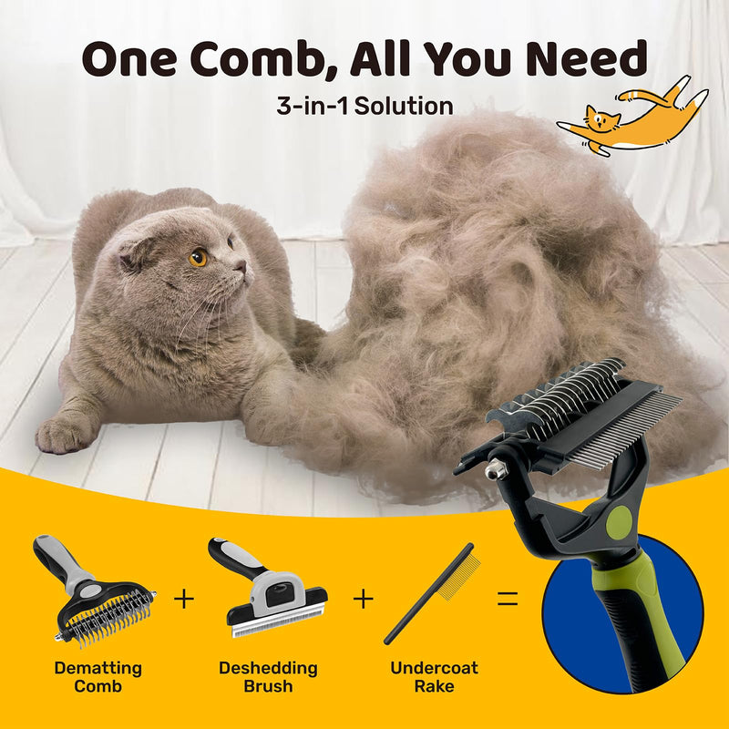 3-in-1 Pet Deshedding Tool - Undercoat Rake, Deshedding Brush, Dematting Comb for Dogs & Cats, Dog Brush for Shedding, Professional Grooming Brush for Double Coat, Long & Short Hair (Green) Green - PawsPlanet Australia