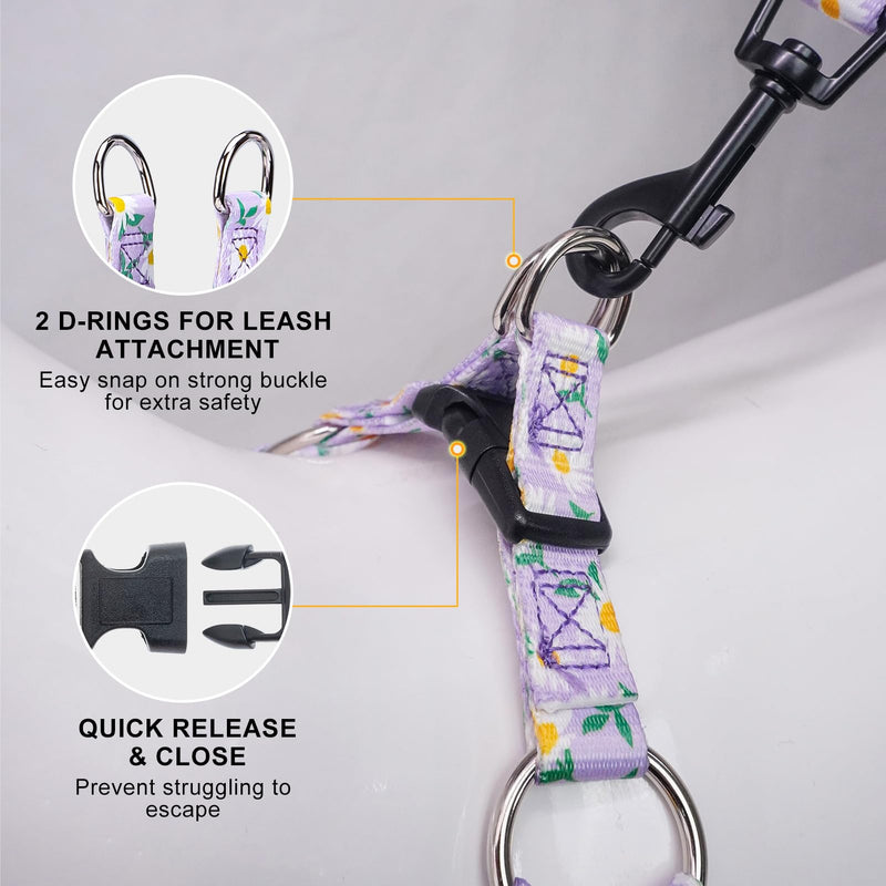 BEAUTYZOO No Pull Dog Harness and Leash Set - Adjustable Step-in Puppy Harness for Small Medium Large Dogs, Escape Proof Soft Nylon Vest with Double D Ring for Walking Running Training, Purple S S(Chest:15-21") Purple Flowers - PawsPlanet Australia
