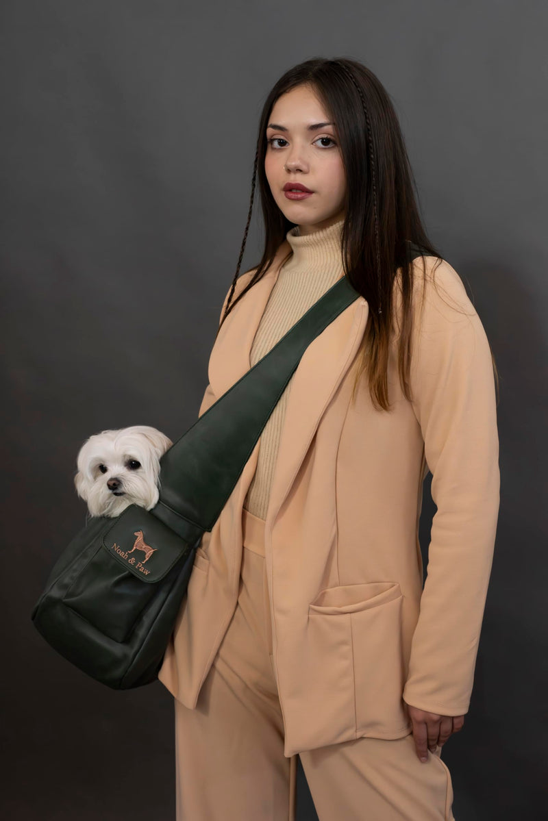 Noah & Paw Dog Sling Carrier for Small Dogs 5-18lb, Dog Sling for Small Dogs and Cats, Dog Carrier with Adjustable Padded Strap, Vegan Leather Lined with Fur, Double Safety Feature, Machine Washable Dark Green 18.0"L x 10.0"W x 6.5"H - PawsPlanet Australia