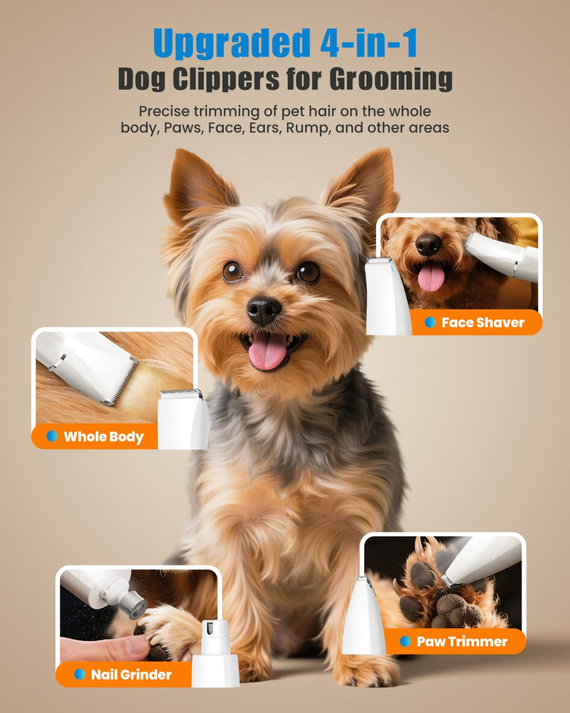 Dog Clippers Grooming Kit with LED Light 4 in 1, 2025 Upgraded Low Noise Dog Paw Trimmer Nail Grinder Grooming Clippers, 2-Speed Professional Pet Hair Trimmer Face Shaver for Paw,Nail,Body,Ear (White) White - PawsPlanet Australia