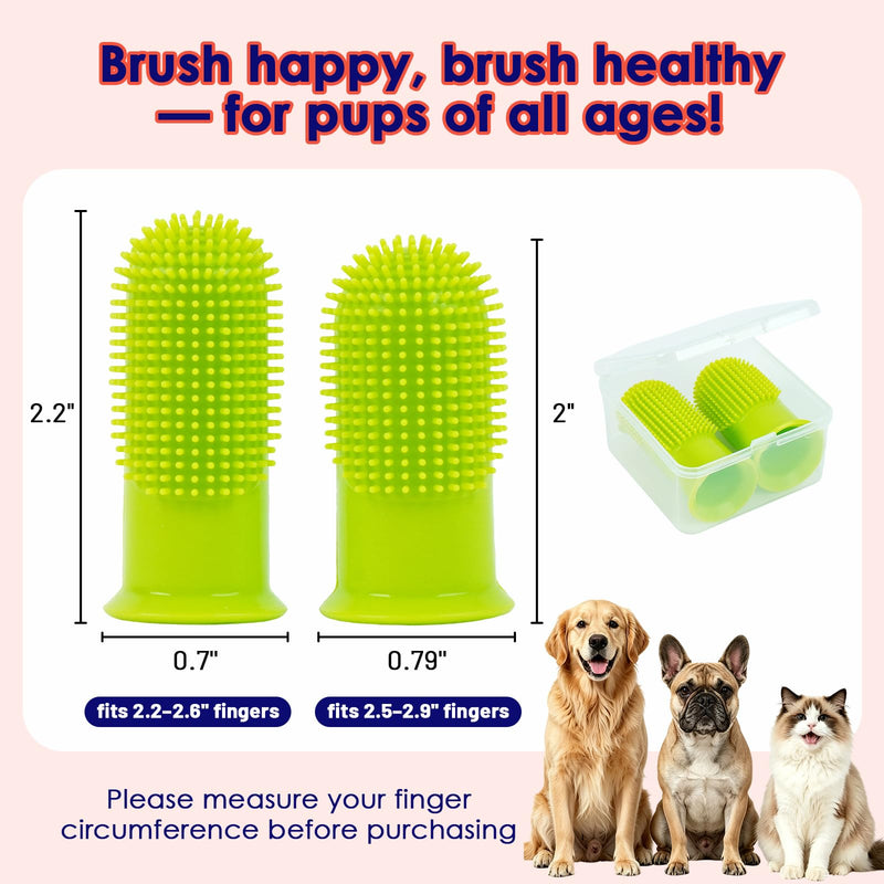 Dog Finger Toothbrush 2 Pack, Small & Large Sizes for Better Finger Fit, Soft Food Grade Silicone Dog & Cat Toothbrush, 180° Bristles for Plaque & Tartar Removal, Pet Teeth Cleaning & Bad Breath Care Green