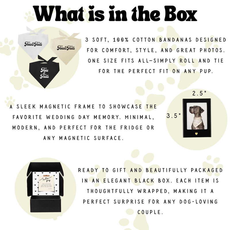 Dog Bridal, Wedding Gift Box – 3 Cotton Bandanas (My Parents are Getting Married, Just Married, She Said Yes) & Magnetic Photo Frame 2.5" x3,5 |Black, One Size (1308) - PawsPlanet Australia