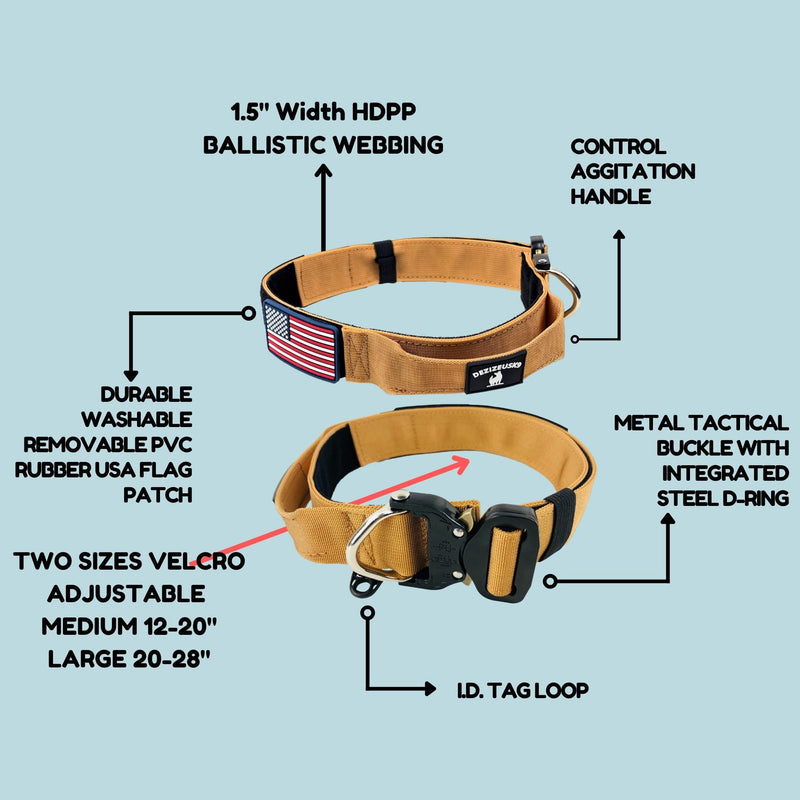 Tactical Dog Collar with Handle - 1.5 Inch Thick Heavy Duty Nylon, Military Style Metal Quick Release Buckle & Integrated D-Ring, for Medium & Large Dogs – Includes USA Flag On Customizable Name Plate adjustable 14-20 inches TAN 14-20 inch - PawsPlanet Australia