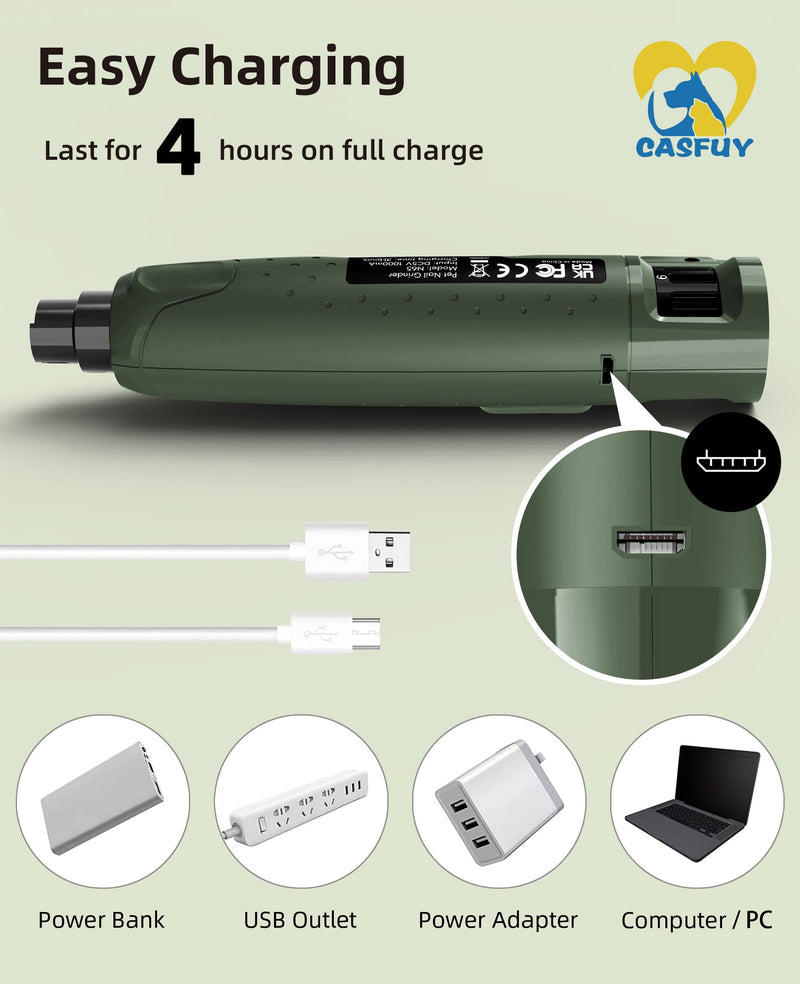 Casfuy Dog Nail Grinder Quiet - (45db) 6-Speed Pet Nail Grinder with 2 LED Lights for Large Medium Small Dogs/Cats, Professional 3 Ports Rechargeable Electric Dog Nail Trimmer with Dust Cap Armygreen