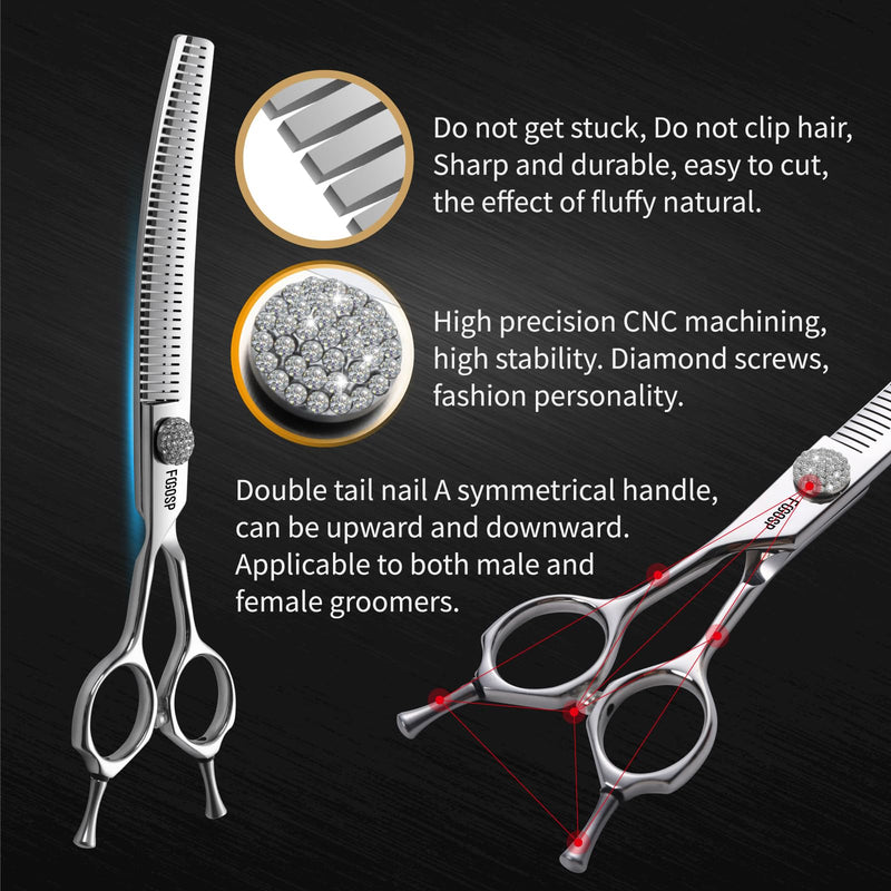 Professional Left Handed Curved Fluffers Thinner Dog Grooming Scissors Curved Comb Thinner 7.0'' Curved Thinning Shears for Dogs Pet 56 Teeth 50% Thinning Rate Japan VG10 Sharp and Durable Lefty Curved Comb Thinners 7.0 in - PawsPlanet Australia