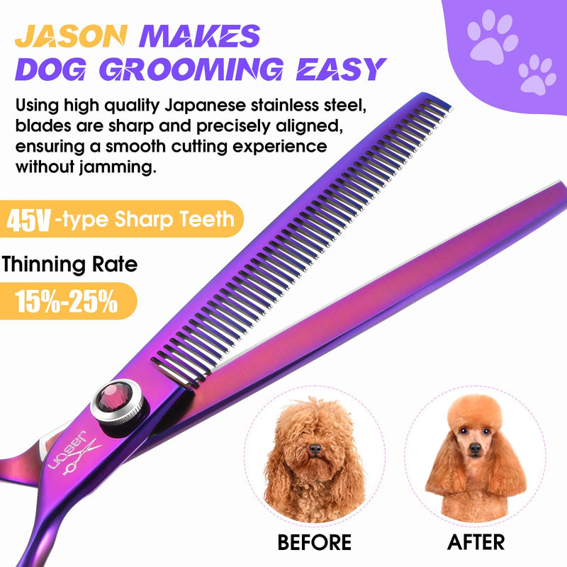 JASON Dog Scissors for Grooming - 7.5" Thinning Scissors for Dog Grooming, Japanese 440C Stainless Steel Blender Shears with Diamond Adjustable Screw (45 Teeth, Purple) Christmas Gift Thinner - PawsPlanet Australia