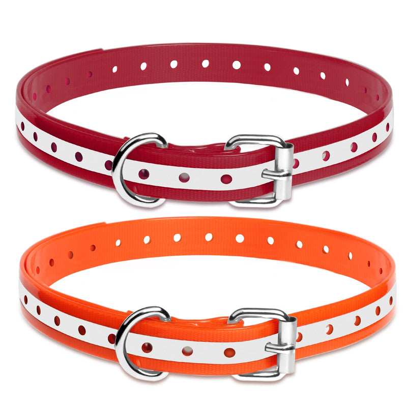 PaiPaitek Shock Collar Replacement Strap for Most of Training Collar, 3/4 Inch Dog Collar Replacement for Wireless Fence and Bark, Adjustable Reflective TPU Collar Strap - 2 Pack TPU Reflective Red and Orange