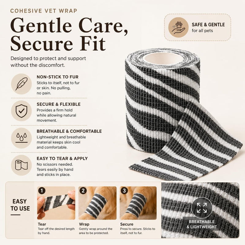 Premium Pet Vet Wrap — Non-Stick to Fur Self Adherent Bandage Wrap for Dogs, Cats & Horses, Breathable Cohesive Tape for Wounds, Paws & Legs, Animal Print Design - Pack of 2 Zebra Print
