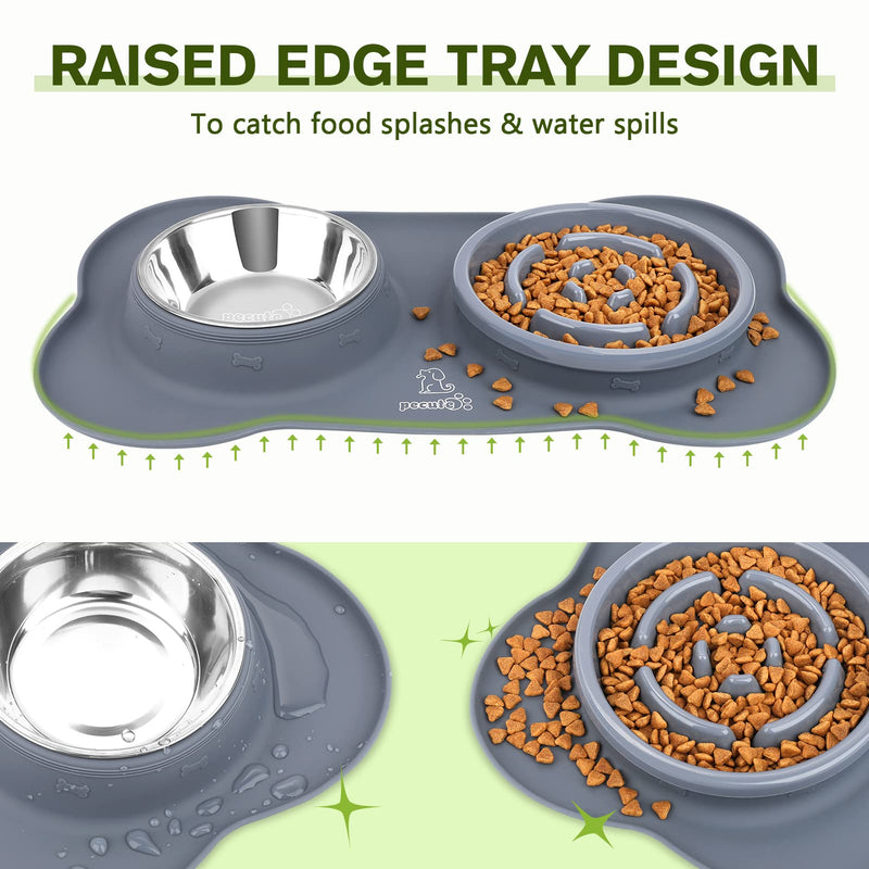 Pecute Slow Feeder Dog Bowls to Slow Down Eating, Dog Bowl Slow Feeder with No-Spill Non-Skid Silicone Mat, Food-Grade Safe Dog Food Bowls Slow Feeder, Stainless Steel Dog Water Bowl for Dogs Cats Medium-1¾ Cup/13.5 oz each Grey - PawsPlanet Australia