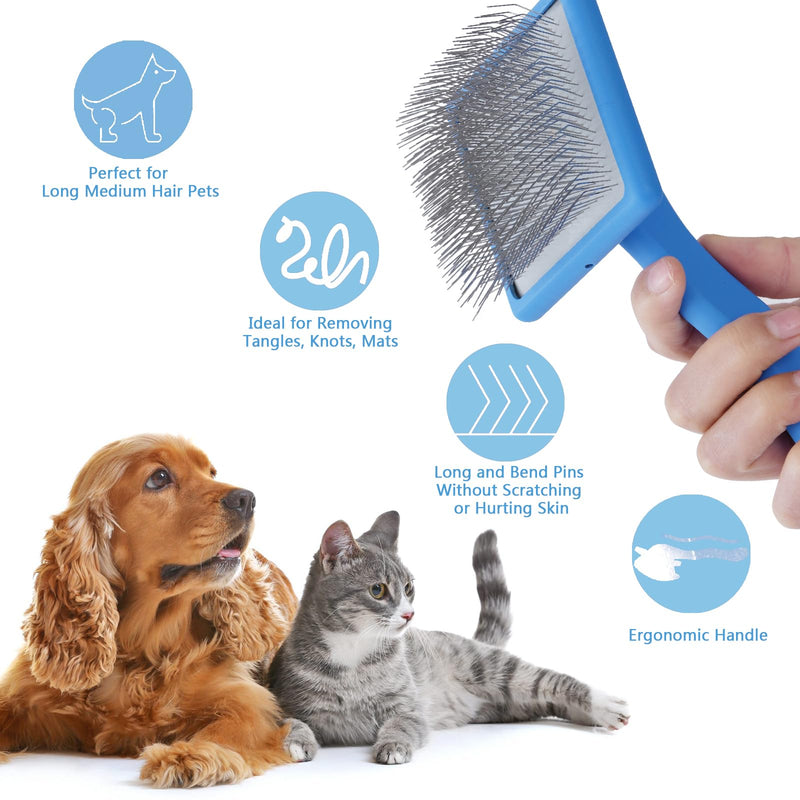 Ergonomic Slicker Brush for Long-Haired Dogs, Wooden Handle Dog Brush,Goldendoodles, Labradoodles, Poodles Long Pins for Grooming Loose Hair，Effectively Removes Tangles, Knots and Loose Fur Blue