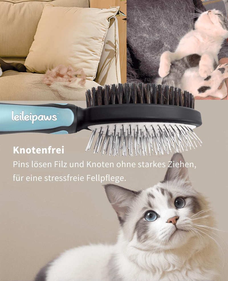 2-in-1 Dog Brush & Cat Brush - Detangling Comb for Long Hair & Short Hair, Metal Pins & Natural Bristles, Ergonomic TPR Handle, Gentle and Effective Grooming (Blue/Black)