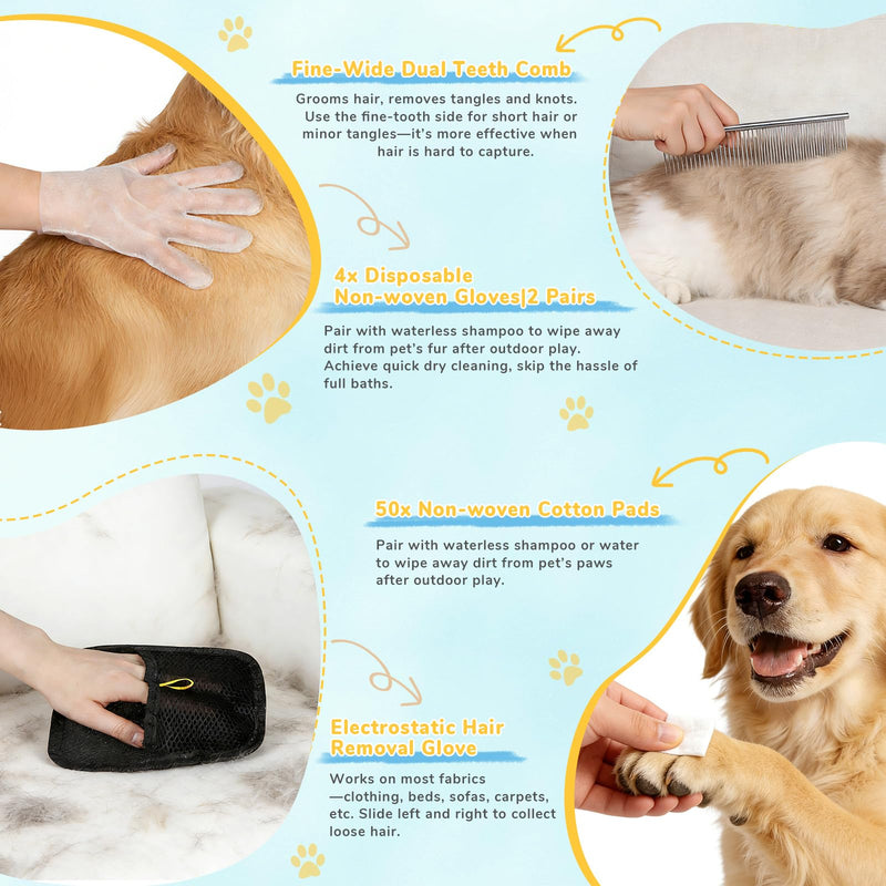 9in1 Pet Mist Spray Brush Kit for Cat & Dog, Hair Health & Grooming Set with 100ml Waterless Shampoo, Nail Clippers, Toothbrush, Comb, Eye Ear Paw Dry Wipes & Gloves, Hair Removal Glove, Gift-Set
