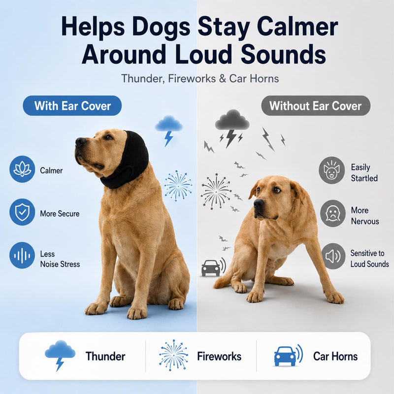 Dog Calming Hood for Noise Reduction, Long Ear Dog Snood for Eating & Drinking, Soft Stretch Ear Cover for Thunder, Fireworks, Grooming, Vet Visits & Car Rides (Black, L) Black