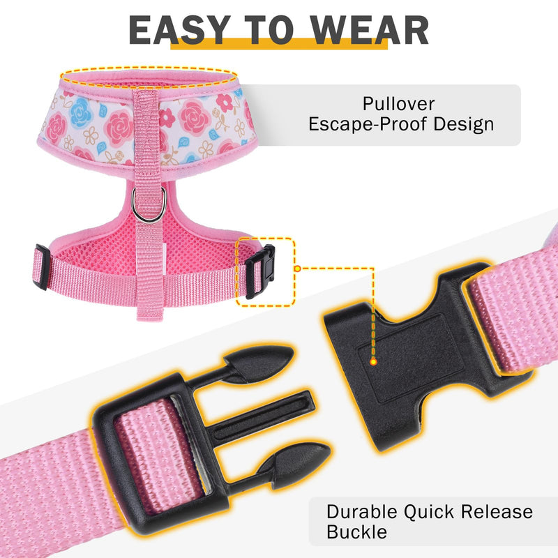 SCENEREAL Small Dog Harness Collar and Leash Set, Adjustable No Pull Pet Harnesses, No Chock Soft Mesh Step in Vest for Doggie Puppy Medium Dogs Cats Girl or Boy,Chihuahua, Yorkie, Outdoor Walking Pink-Floral (With Collar) S: Chest Girth: 14"-18" - PawsPlanet Australia