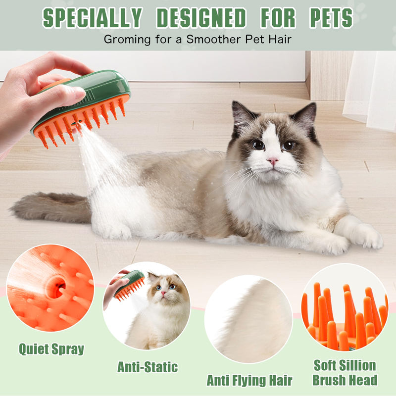 Cat Grooming Brush, 3 in 1 Cat Steamy Brush, Electric Cat Steam Brush with Self Cleaning Function, Silicone Massage, Clean and Removing Loose Hair for Cats and Other Pets Avocados - Green - PawsPlanet Australia