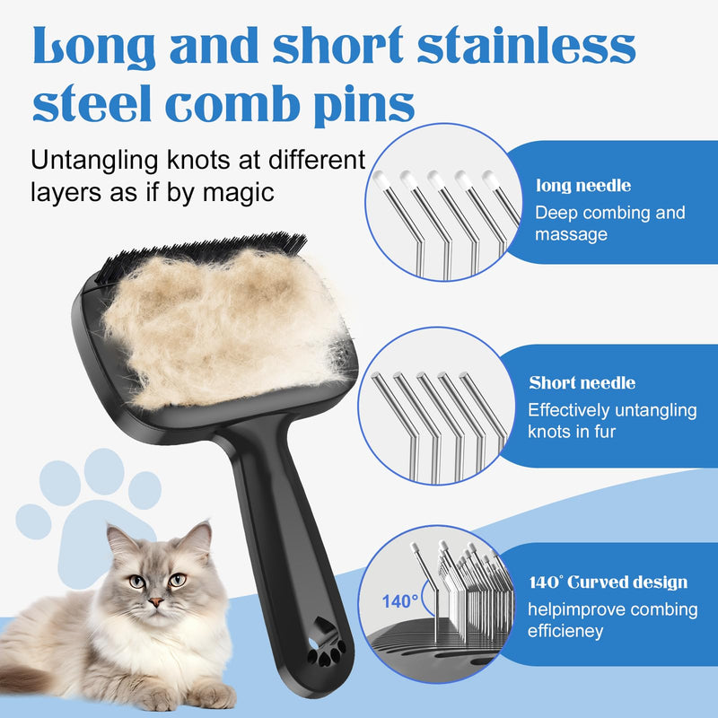 Self Cleaning Shedding Brush - Skin Friendly Grooming Tool for Dogs & Cats, Bristle Brush and Long/Short Needles Design, Deshedding and Hair Removal for Long & Short Haired Pets (Black) Black - PawsPlanet Australia