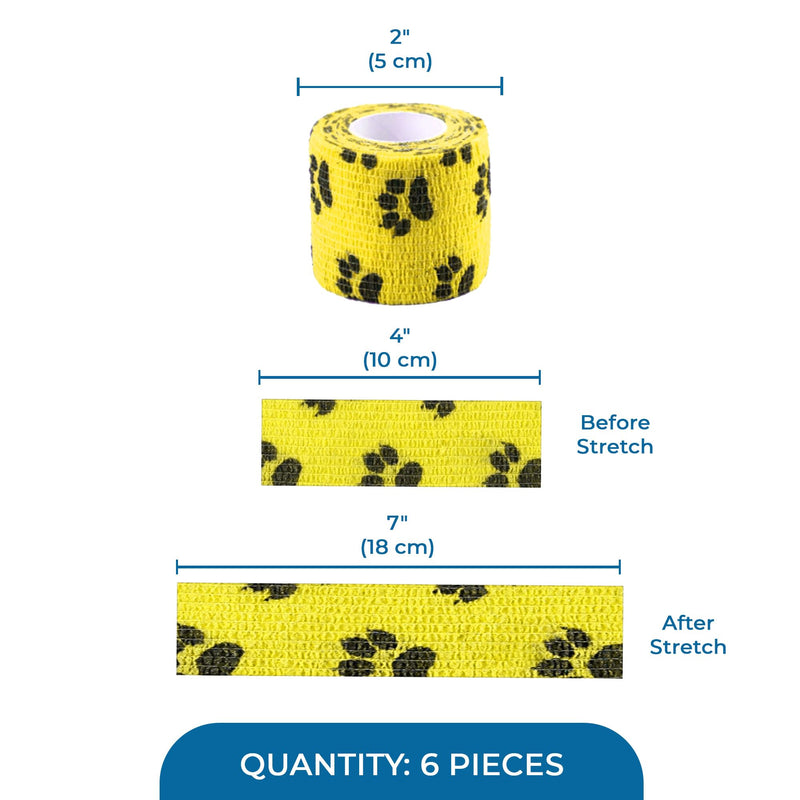 SunGrow Cat Self-Adhesive Bandage, Wound Care, Cuts, Post-Surgery, Hot Spots, 2”(W), Stretchable from 4” to 7”, Breathable Vet Wrap Gauze, 2 Rolls Per Color (Yellow, Blue, Green), 6 Pcs Per Pack - PawsPlanet Australia
