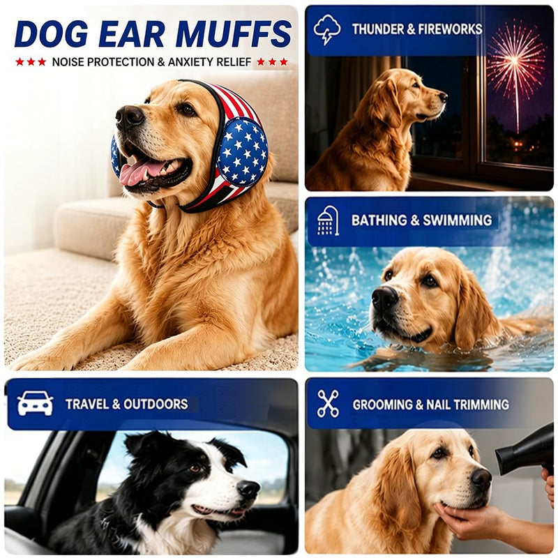 Dog Ear Muffs Noise Protection American Flag Patriotic Pet Covers Waterproof Swim Ear Protector Elastic Soft Snoods for Dogs Anxiety Relief Grooming for 4th of July (M) Blue Medium