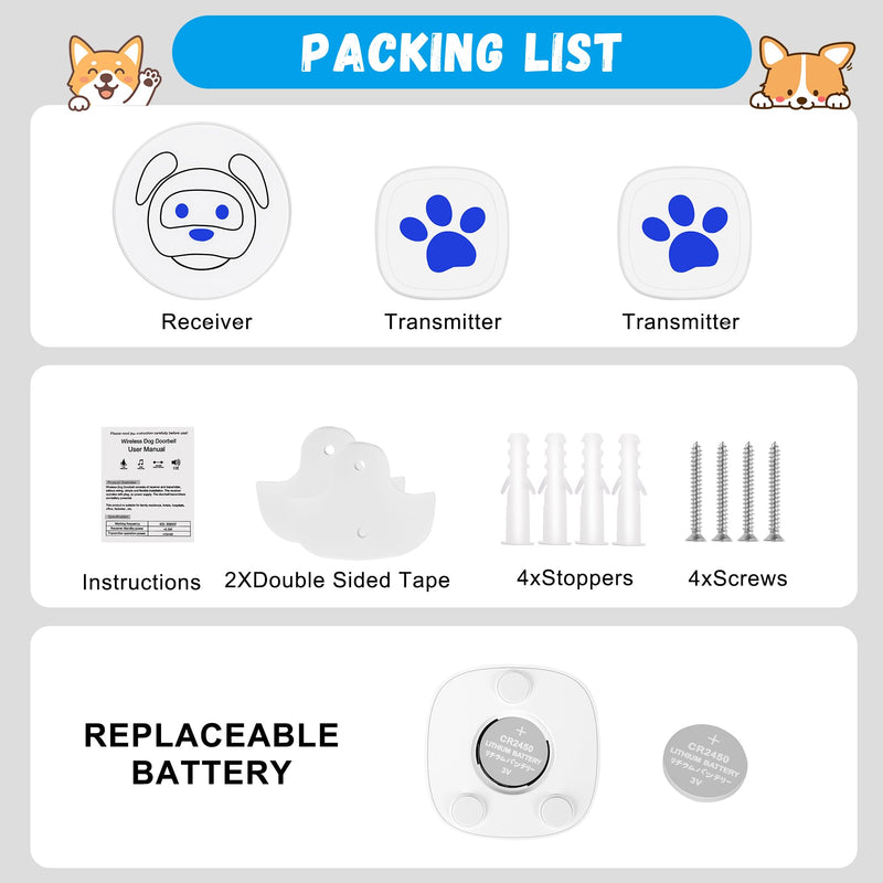 Dog Doorbell, Wireless Ring Bell to Go Outside, IP55 Waterproof Buttons, 55 Melodies, 4 Volume Levels & 950ft Range (White, 1 Reciever 2 Transmitters) White - PawsPlanet Australia