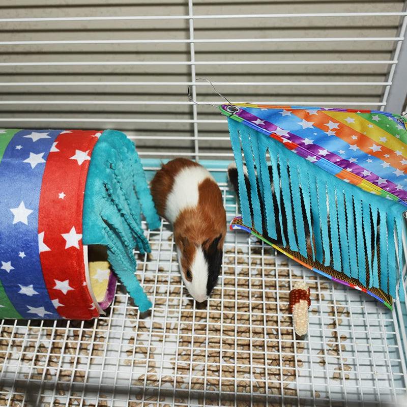 HOMEYA Hamster Tunnel House Cave Nest & Winter Warm Sleeping Bag for Small Pet, Small Animals Hideout Tunnel with Fleece Forest Curtain, Guinea Pig House Plush Bed for Hedgehog Rat Ferret Chinchilla Rainbow