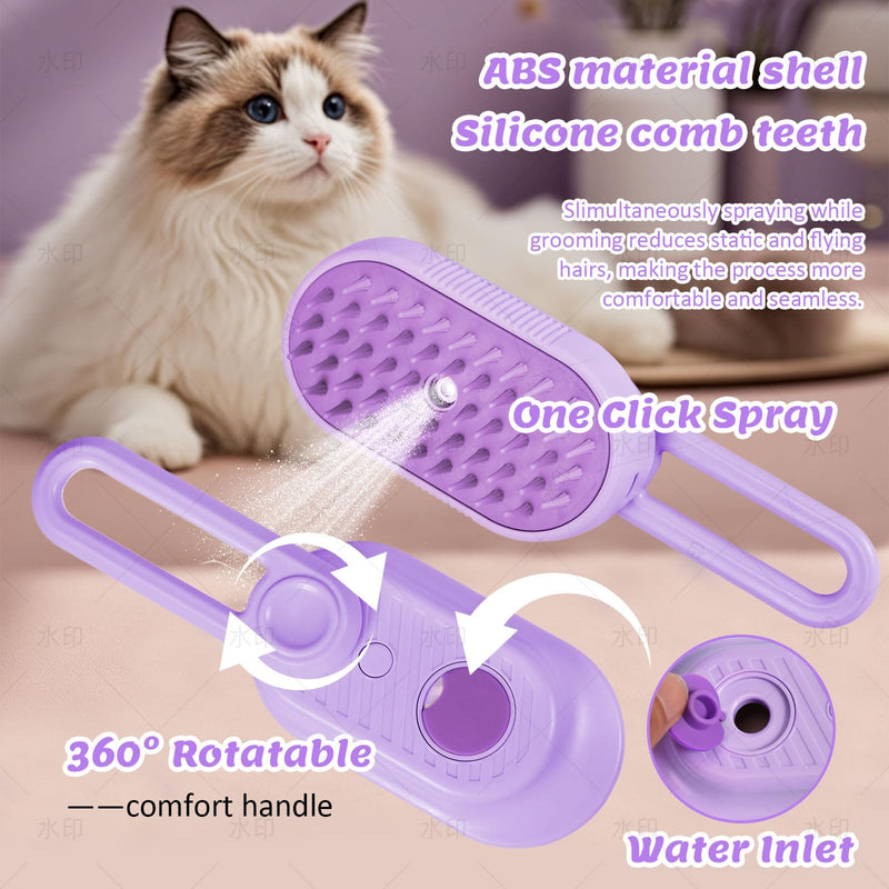 4 in 1 Cat & Dog Steam Brush Kit with 2 Comb Heads - Rechargeable Grooming Brush for Long/Short Hair Shedding, Anti-Static Steam Spray & Foldable Handle, Pet Spa Cleaning Tool (Purple) Purple - PawsPlanet Australia