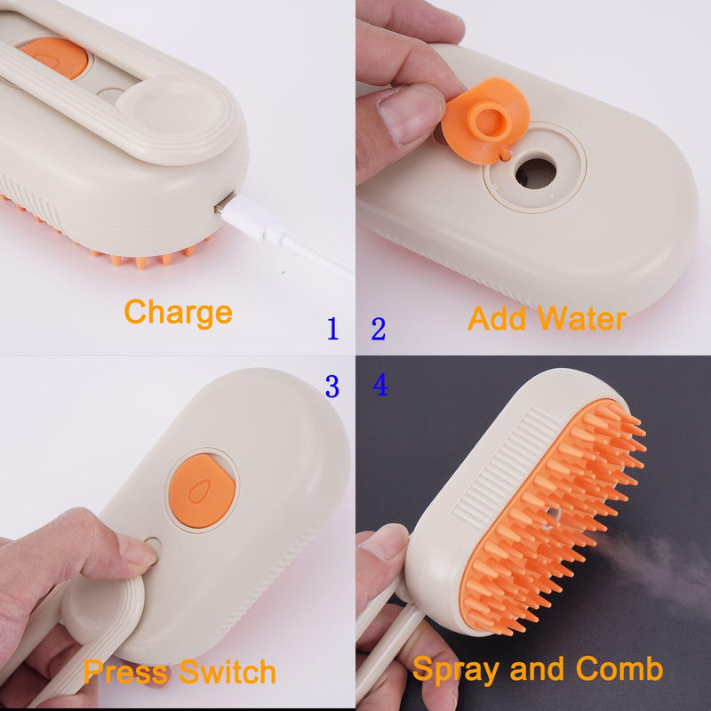 Self Cleaning Brush for Pet Grooming - 3 In 1 Steam Brush with Massage and Water Spray, Rechargeable Silicone Brush for Cats and Dogs - PawsPlanet Australia