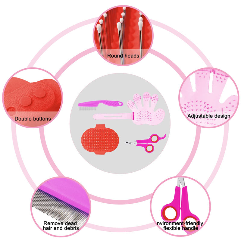 Patelai 4 Pieces Bunny Grooming Kit: Rabbit Nail Clipper, Rabbit Brush, Hair Remover, Shampoo Brush with Adjustable Ring Handle for Rabbits, Hamsters(Pink, Red) Pink, Red - PawsPlanet Australia