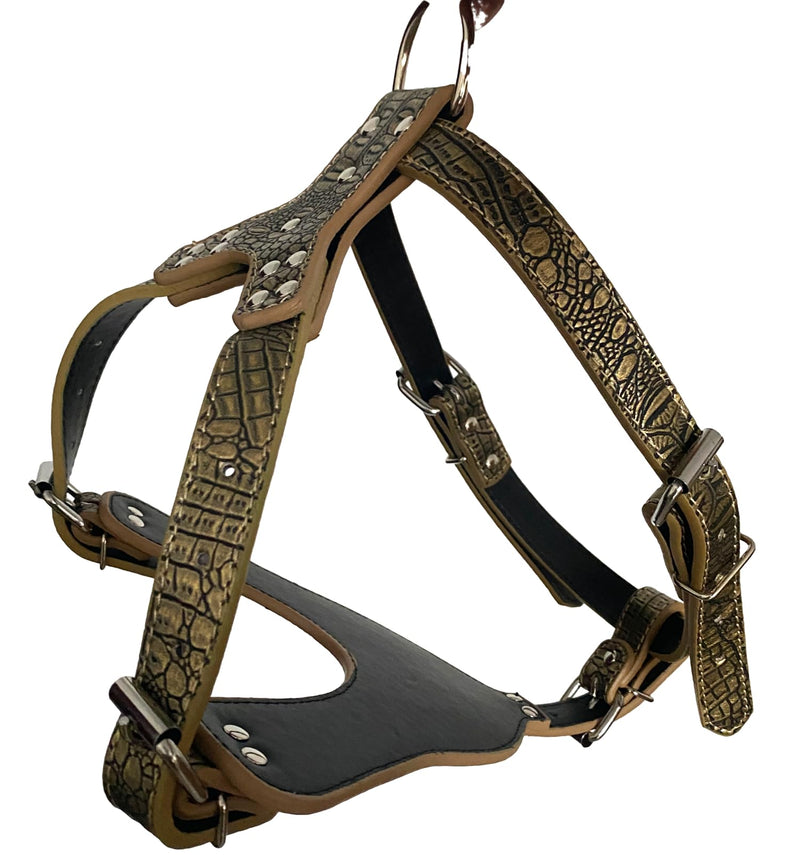 Leather Dog Harness - Chest for Large Dogs Pitbull Mastiff Boxer Bully - Black Pink Red Gold Leopard - Brown - 26"-34" (Gold Brown) Gold Brown - PawsPlanet Australia