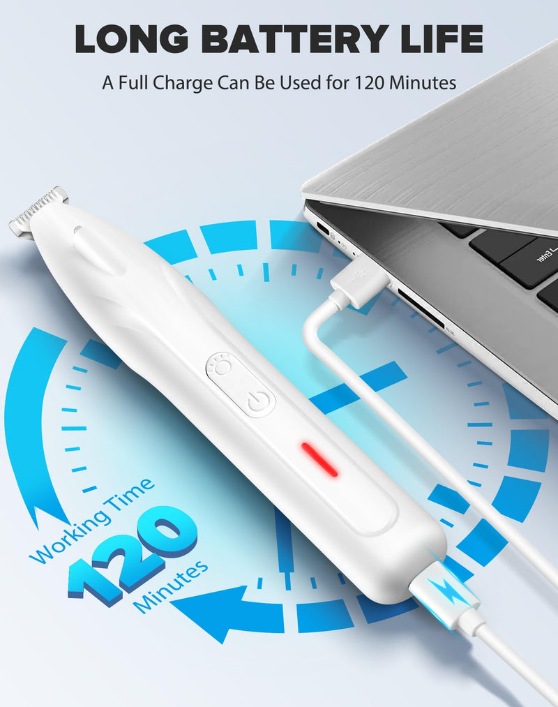 Dogs Paw Trimmer, 2 Speed Low Noise Dog Clippers for Grooming, Cordless Rechargeable Dog Hair Trimmer with LED Light, Widen Blade Cat Pet Hair Shaver for Paws, Eyes, Ears, Face, Rump (White) White