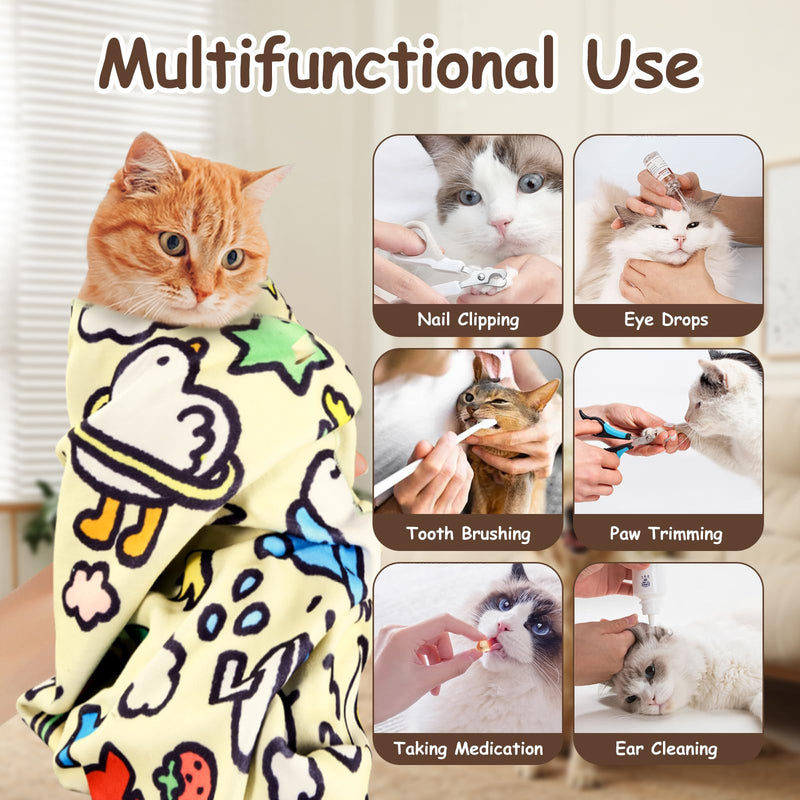 Uranshin Cat Grooming Wrap, Cat Wrap for Cutting Nails, Cat Restraint Wrap, Self-Adhesive Cat Swaddle Burrito Wrap for Nails Trimming, Medicine Feeding, Teeth Brushing, Ear Cleaning (13.8×13.8in) 13.8×13.8in Yellow - Cute Animal Paradise Graffiti - PawsPlanet Australia