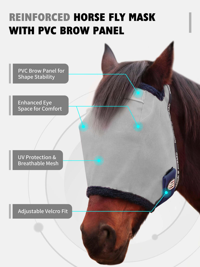 Harrison Howard Reinforced Horse Fly Mask with Mirror PVC Brow Support, Enhanced Eye Space, UV Protection Grey L