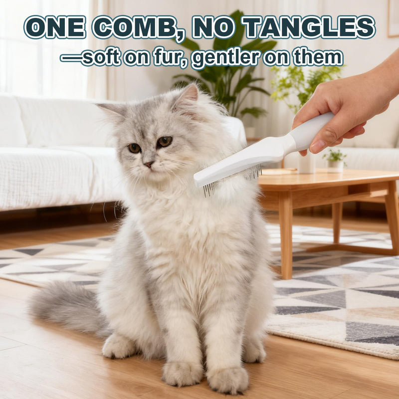 Premium Cat Comb - Professional Dog Comb with Dual-Length Stainless Steel Teeth & Ergonomic Silicone Handle - Versatile Comb for Long & Short Hair, Rabbits & More