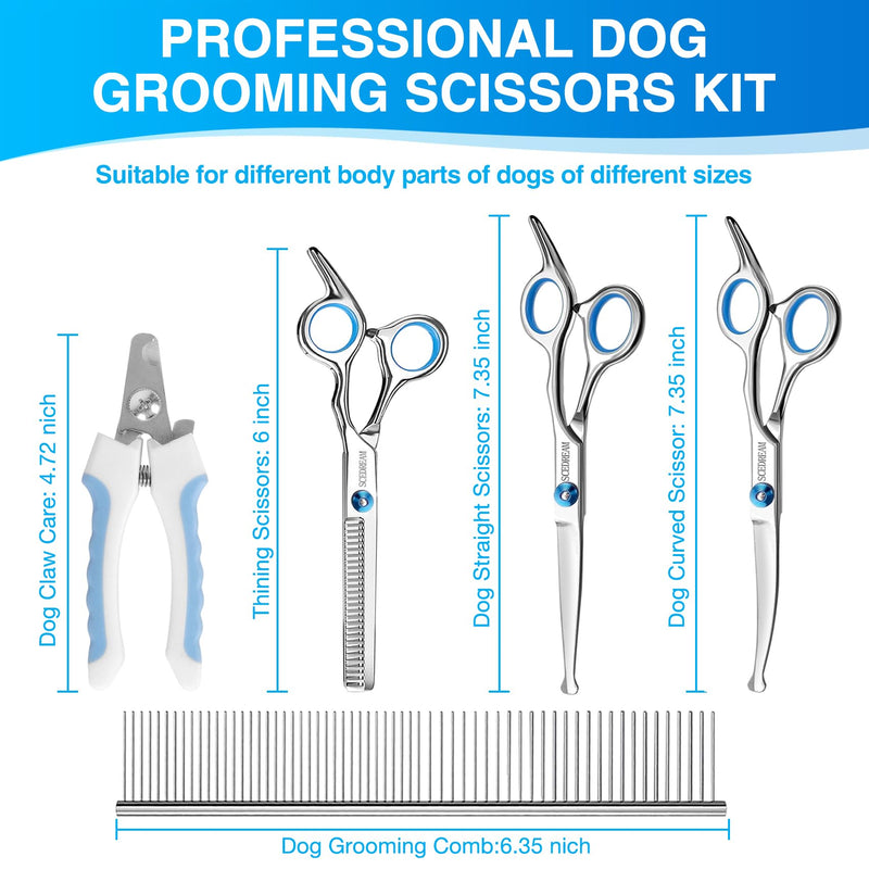 Professional Dog Grooming Scissors with Safety Round Tips, 5 in 1 Dog Grooming Scissors Kit, 4CR Stainless Steel Professional Pet Grooming Shears for Dogs/Cats, Sharp and Durable, Blue - PawsPlanet Australia