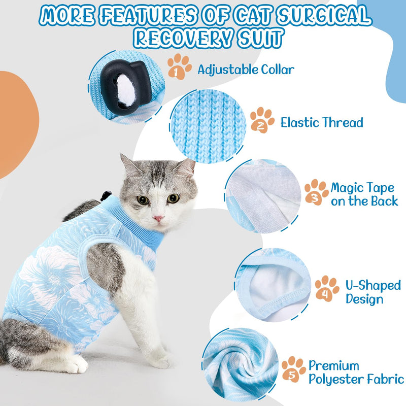 SlowTon Cat Recovery Suit - Cat Onesie for Cats After Surgery Female Male, Kitten Clothes Cats Surgical Spay Suit Abdominal Wounds, E-Collar Alternative Bodysuit Shirt Anti-Licking (Blue Flower,M) Medium Blue Flower