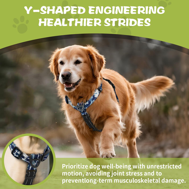 No-Pull Harness,Y-Shaped Design,Buckle-Neck Balance Harness with Reflective Stitching, Ideal for Dog Training and Night Walking, Padded Handle, Durable High-Tensile Nylon-Blue Camo-L Blue Camo L - PawsPlanet Australia