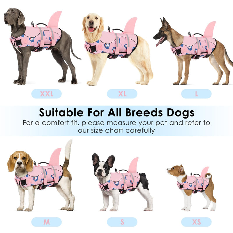 Dog Life Jacket, Large Dog Life Vest for Swimming Boating, Shark Life Jackets for Small Medium Large Dogs, Reflective Dog Lifesaver Life Preserver Swimsuit with Rescue Handle and High Buoyancy X-Large Pink Dophin Shark - PawsPlanet Australia