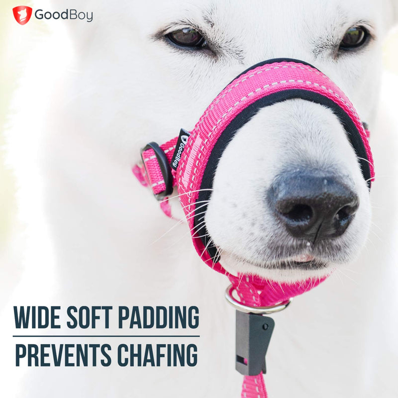 GoodBoy Dog Head Halter with Safety Strap - Stops Heavy Pulling On The Leash - Padded Headcollar for Small Medium and Large Dog Sizes - Head Collar Training Guide Included (Size 4, Pink Nylon) Size 4 (Pack of 1) Pink Nylon / Black Padding - PawsPlanet Australia
