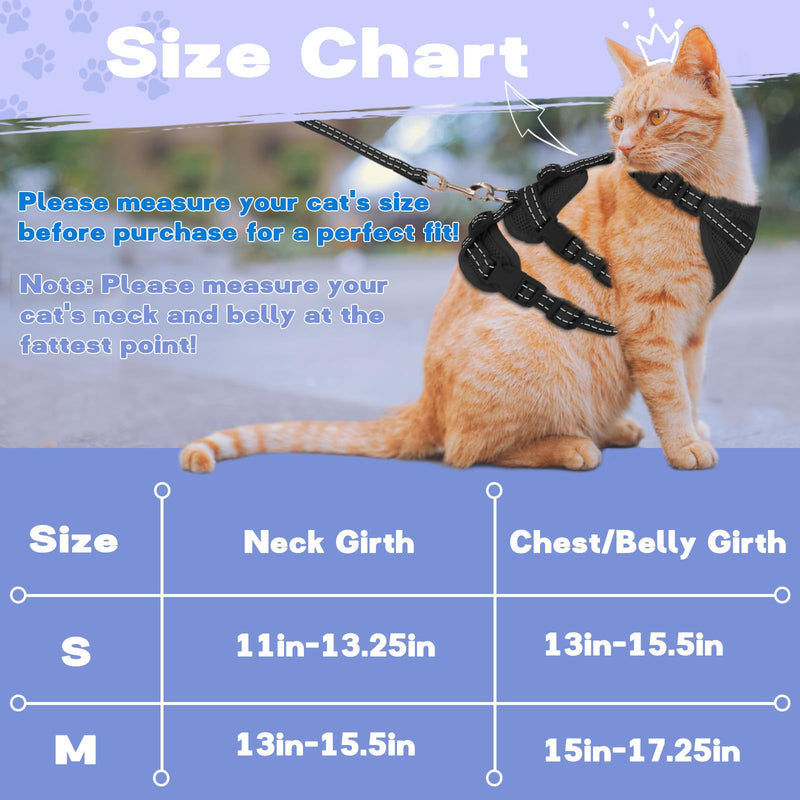 Fully Escape Proof Cat Harness and Leash Set for Walking, Adjustable Soft Kitten Vest with Reflective Strip for Small Medium Large Adult Cats, Breathable Kitty Harness,Black S S(Neck Girth 11in-13.25in) Black - PawsPlanet Australia