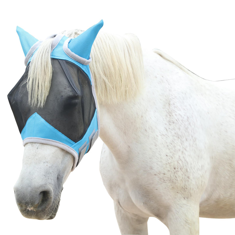 Horse Fly Mask with Ears Cover | Forelock Opening for Tangle-Free Mane Care | UV Protection & Breathable Mesh | No Rub Fit and Enhanced Visbility for Trail Riding Paleblue Pony Pale Blue